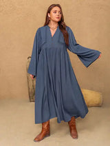 Plus Size Lace Detail Notched Long Sleeve Midi Dress - Trendsi - Flyclothing LLC