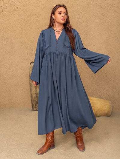 Plus Size Lace Detail Notched Long Sleeve Midi Dress - Trendsi - Flyclothing LLC