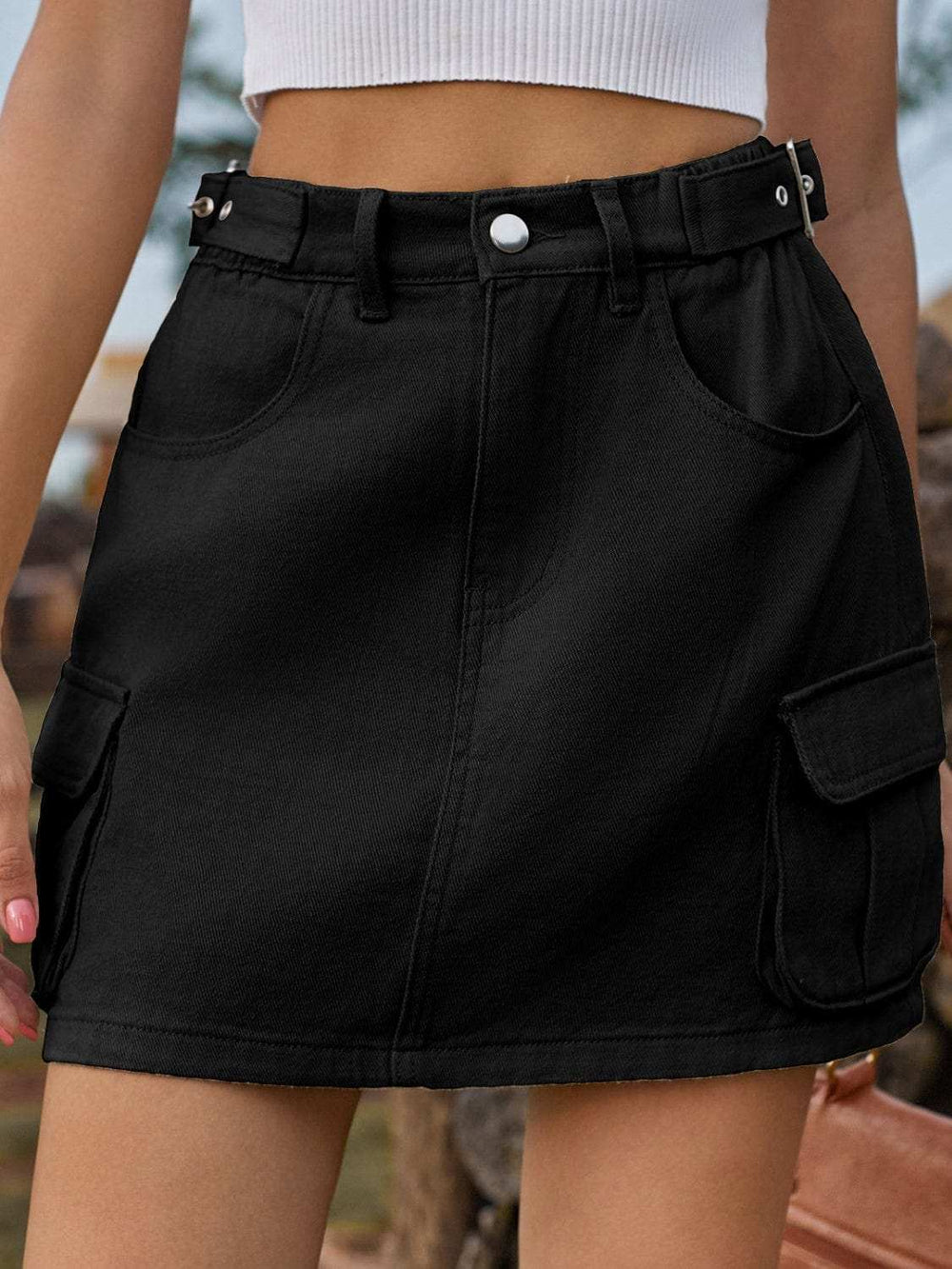Adjustable Waist Denim Skirt with Pockets - Trendsi - Flyclothing LLC