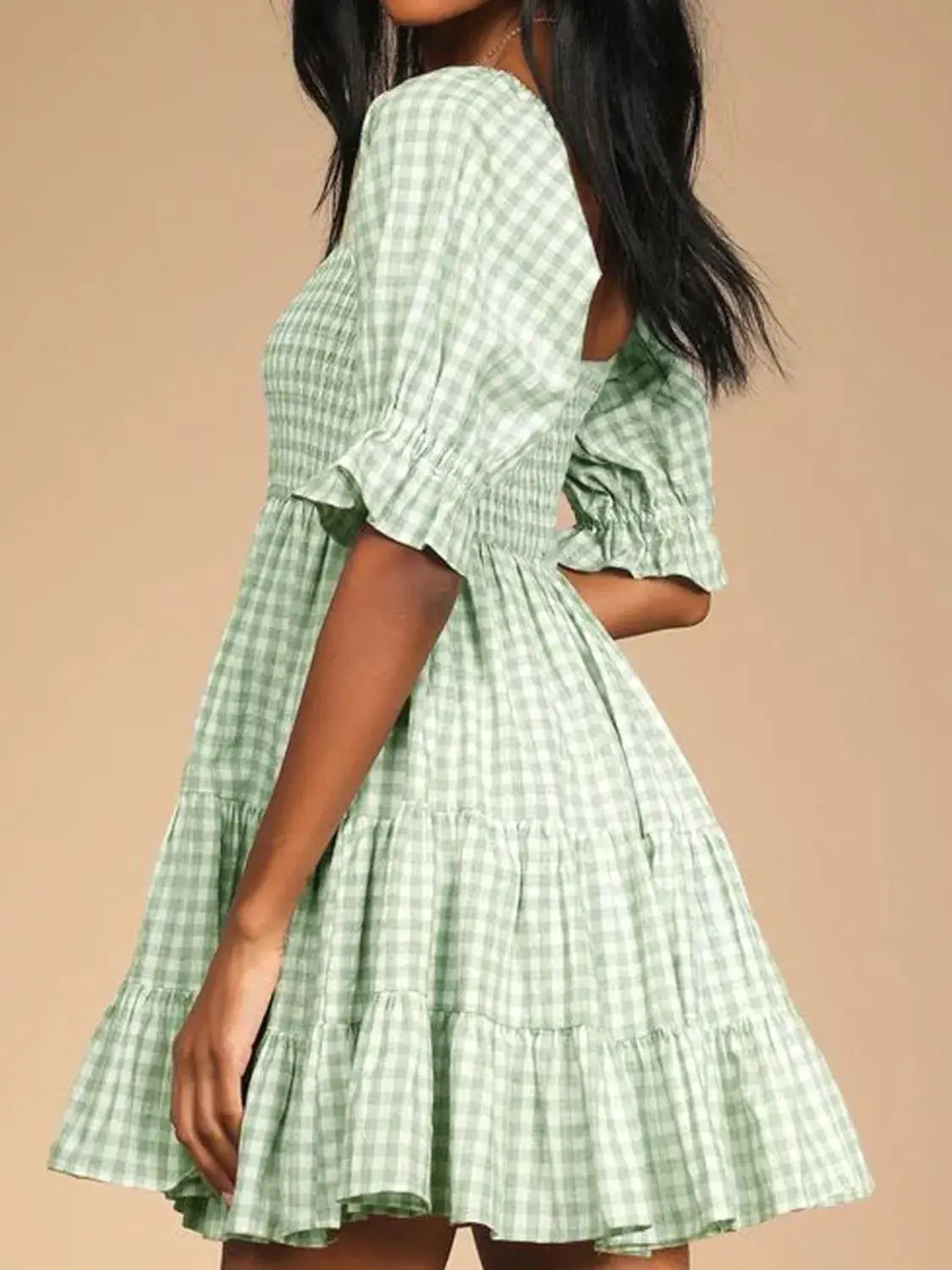 Ruffled Hem Plaid Half Sleeve Mini Dress - Trendsi - Flyclothing LLC