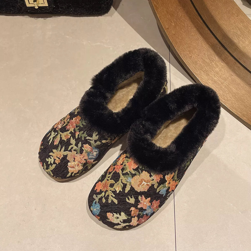 Floral Pattern Plush Lined Slip-Ons - Trendsi - Flyclothing LLC