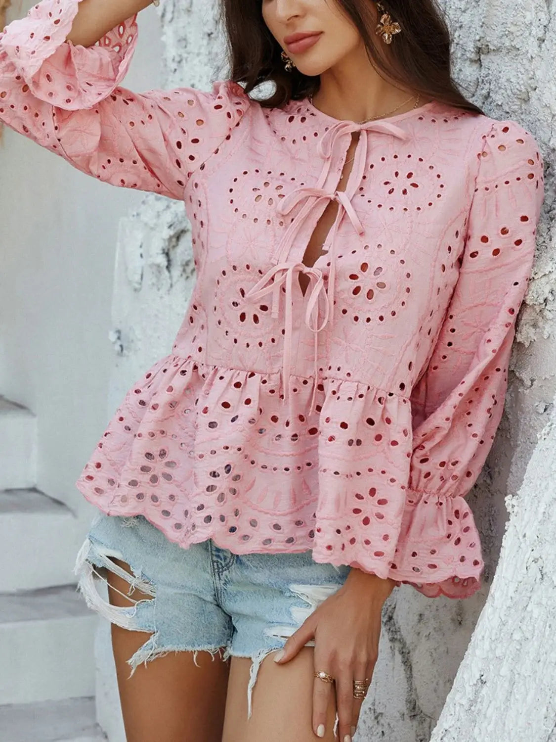Devine Tie Front Flounce Sleeve Peplum Blouse - Trendsi - Flyclothing LLC