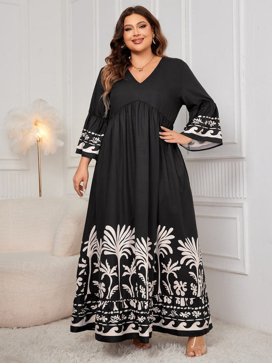 Plus Size Printed V-Neck Long Sleeve Maxi Dress - Trendsi