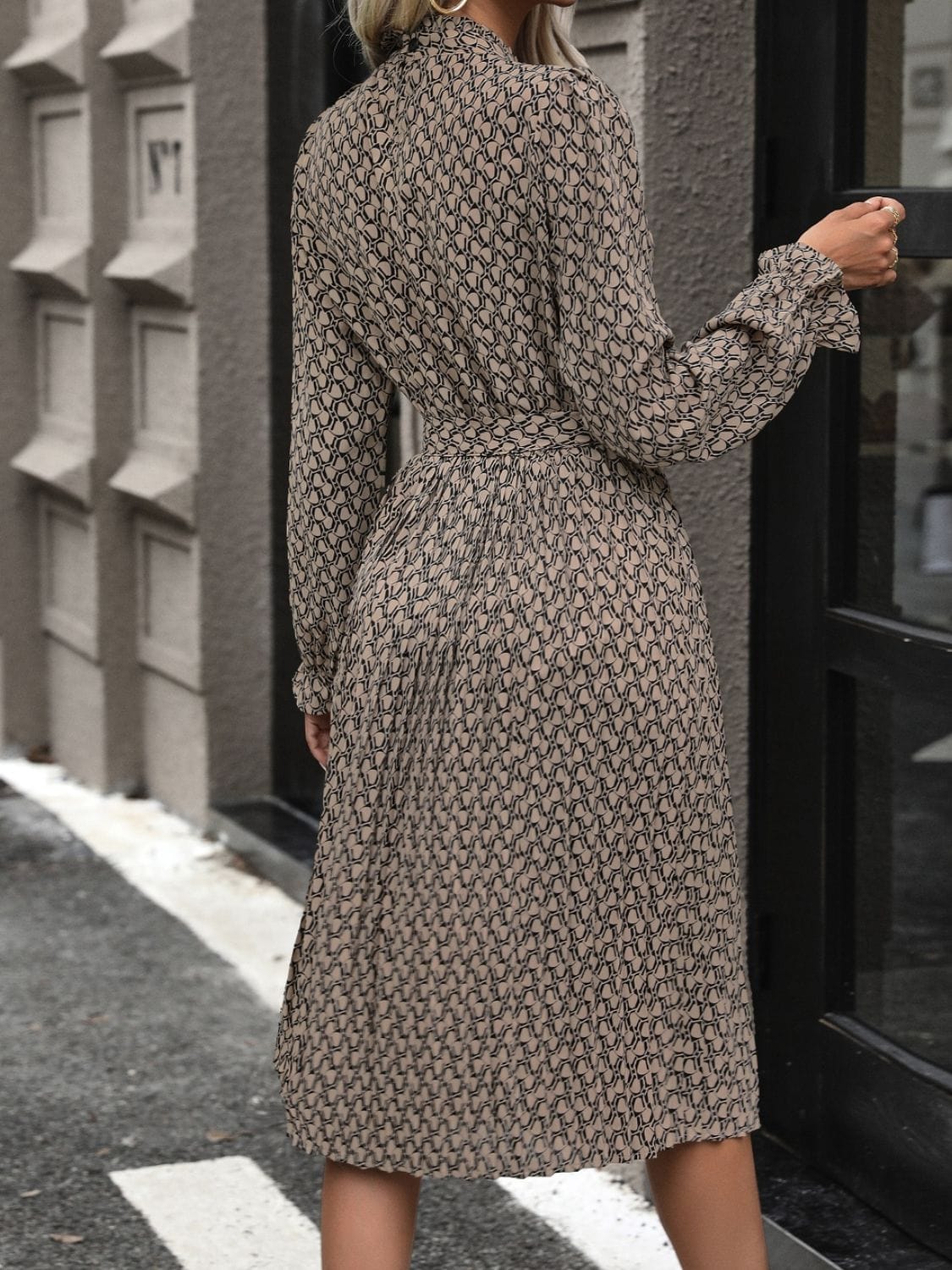 Perfee Printed Mock Neck Flounce Sleeve Dress - Trendsi