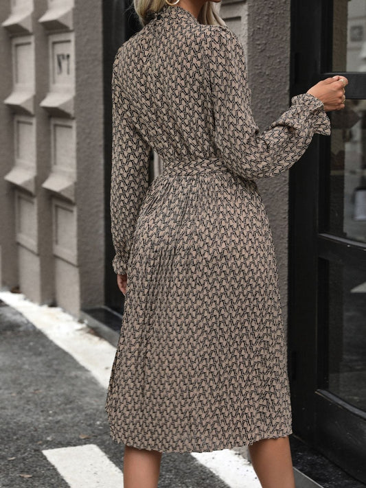 Perfee Printed Mock Neck Flounce Sleeve Dress - Trendsi