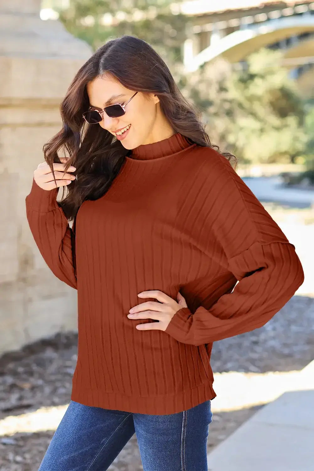 Basic Bae Full Size Ribbed Exposed Seam Mock Neck Knit Top - ShopBasicbae - Flyclothing LLC