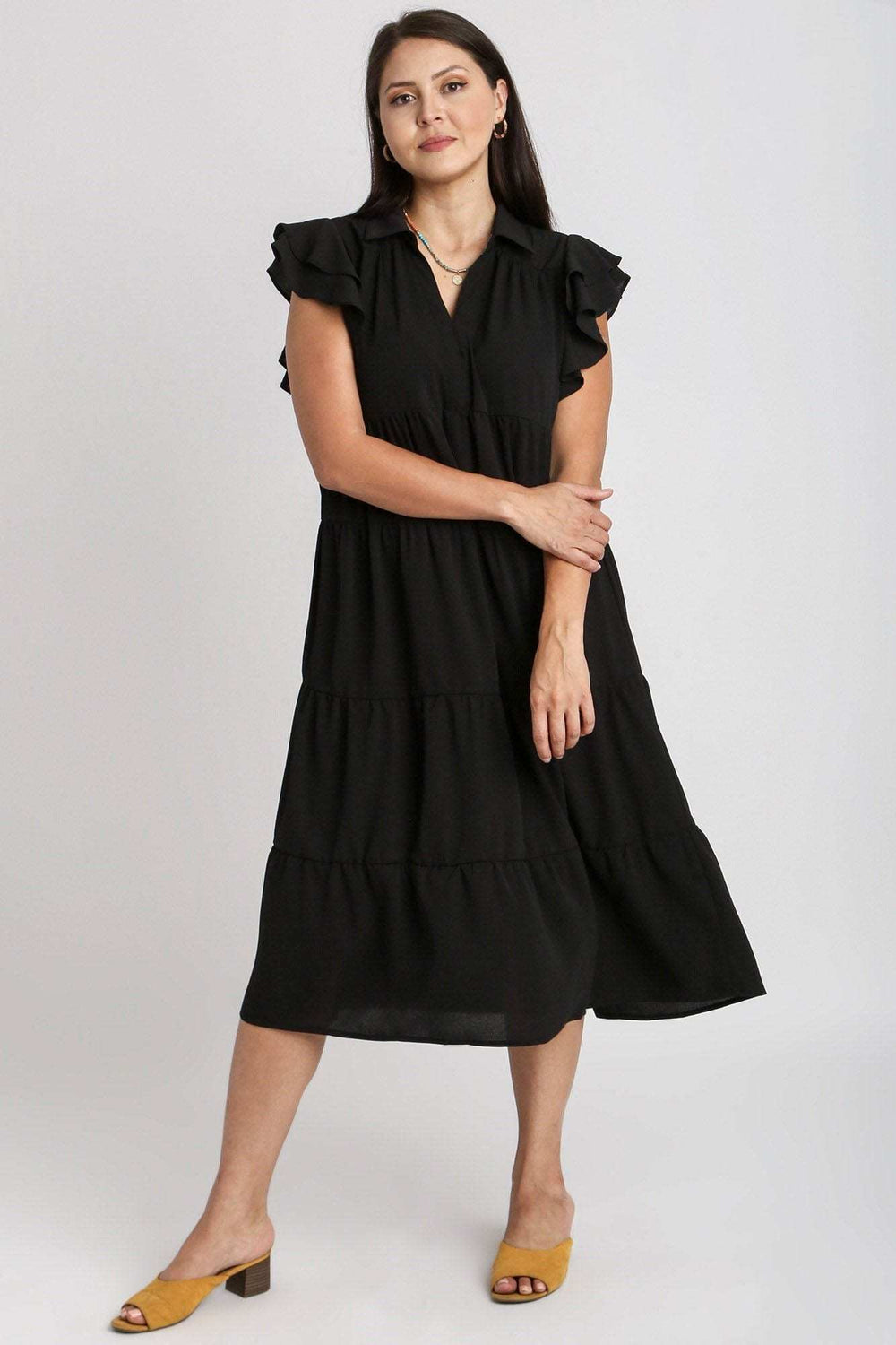 Umgee Full Size Johnny Collar Ruffle Cap Sleeve Tiered Dress Plus Size - Trendsi - Flyclothing LLC