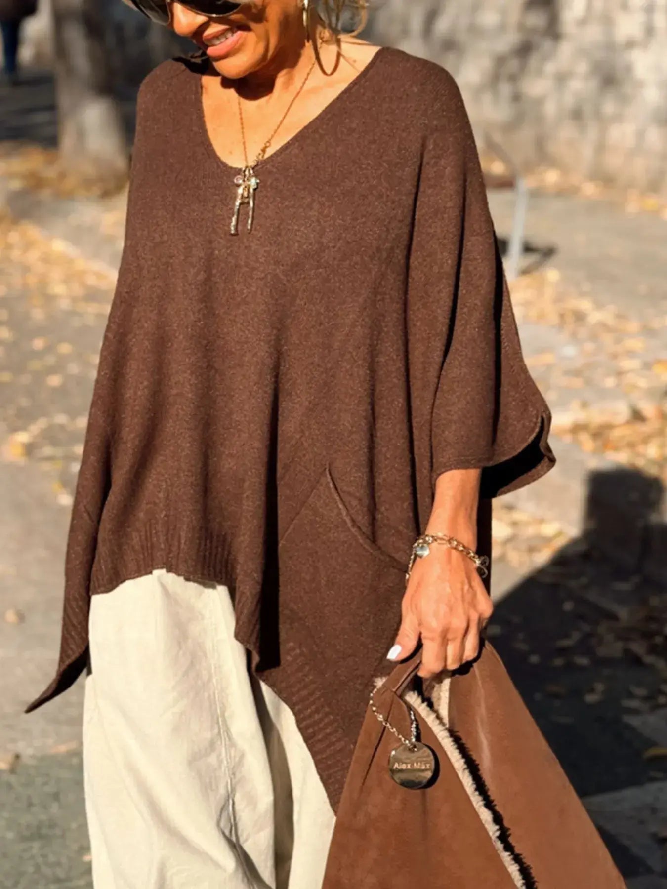 Ribbed Hem V-Neck Sweater - Trendsi - Flyclothing LLC