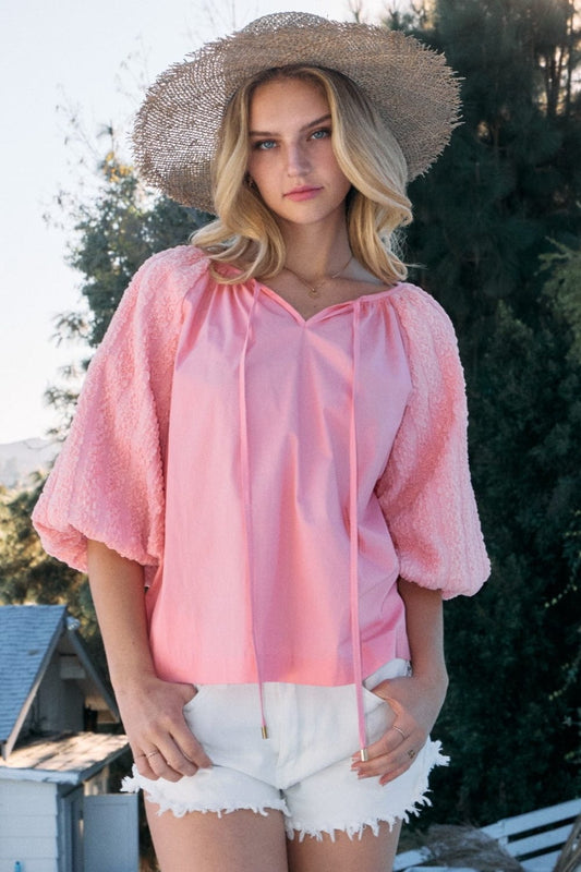 ODDI Full Size Poplin Bubble Sleeve Blouse - Trendsi