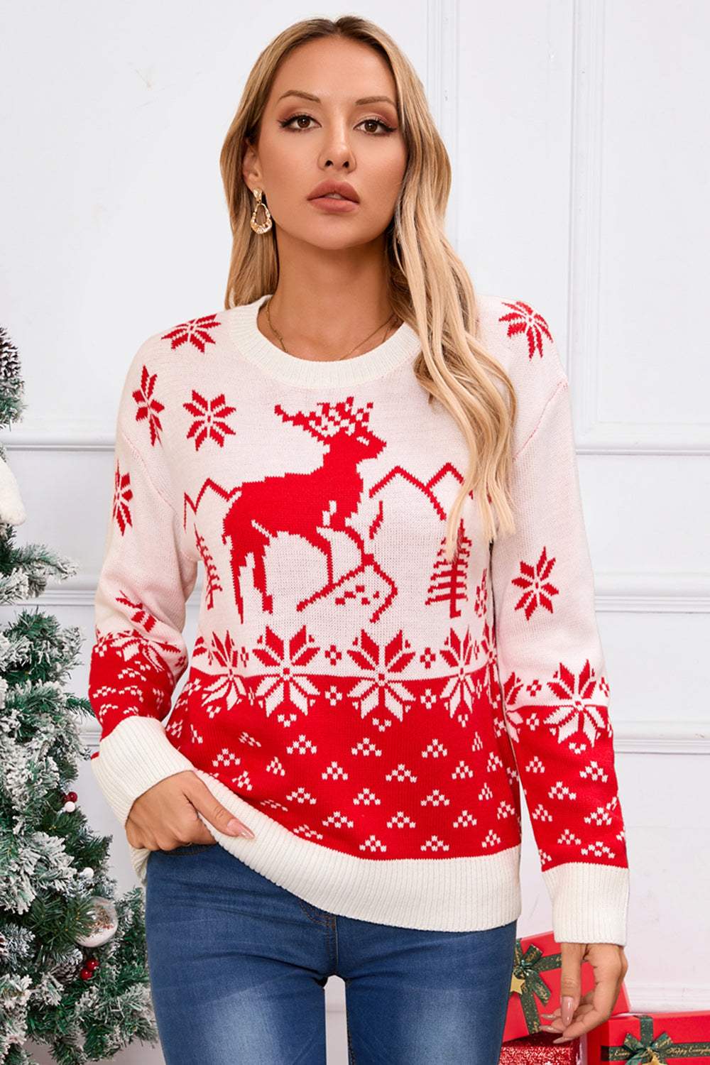 Angel Wings Deer Pattern Round Neck Long Sleeve Sweater - Trendsi - Flyclothing LLC