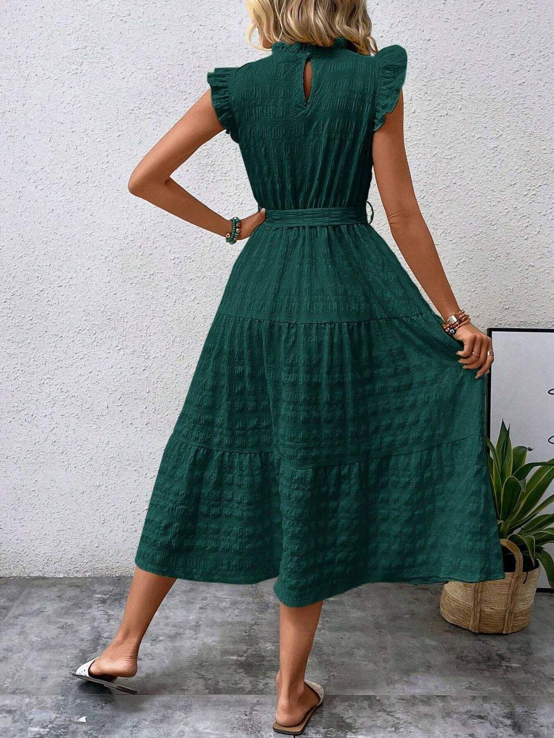Tied Ruffled Cap Sleeve Midi Dress - Trendsi - Flyclothing LLC
