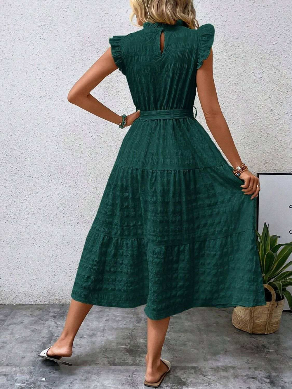 Tied Ruffled Cap Sleeve Midi Dress - Trendsi - Flyclothing LLC