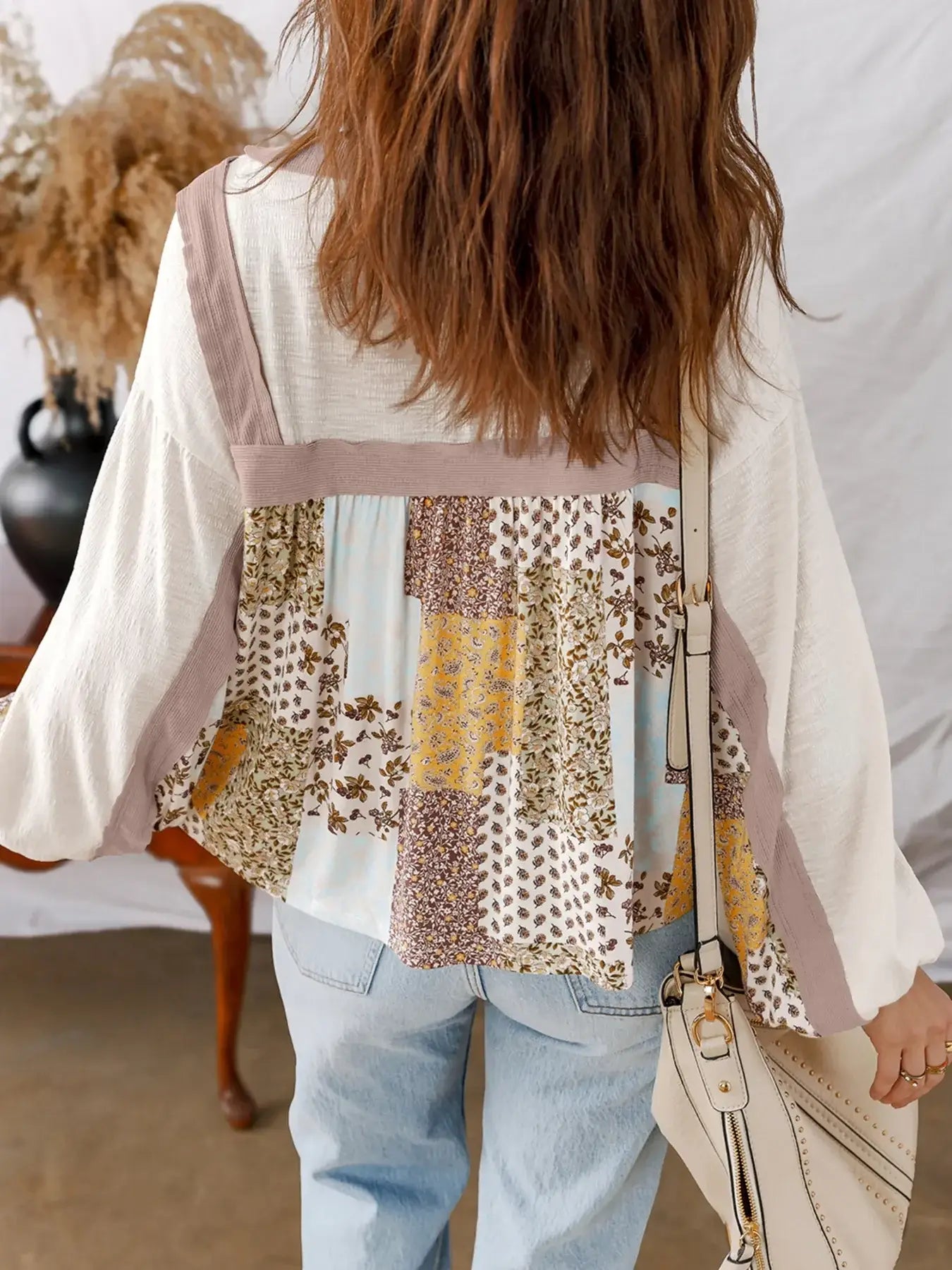 Floral Printed Contrast Patchwork Long Sleeve Top - Trendsi - Flyclothing LLC