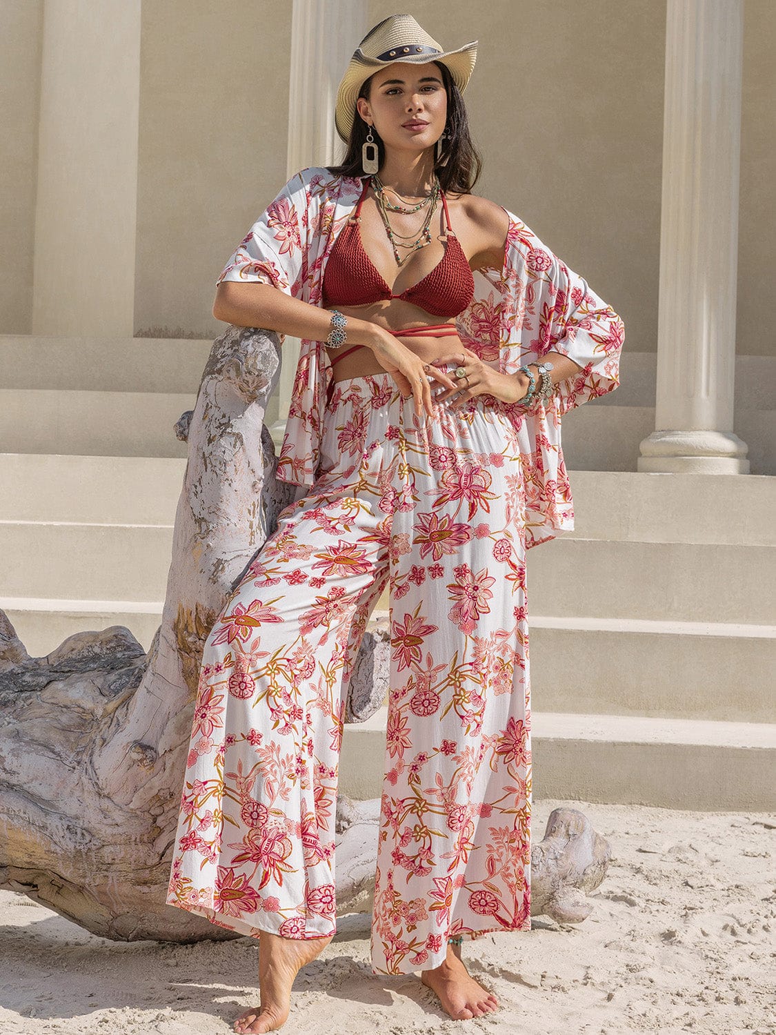 Printed Open Front Half Sleeve Top and Pants Set - Trendsi