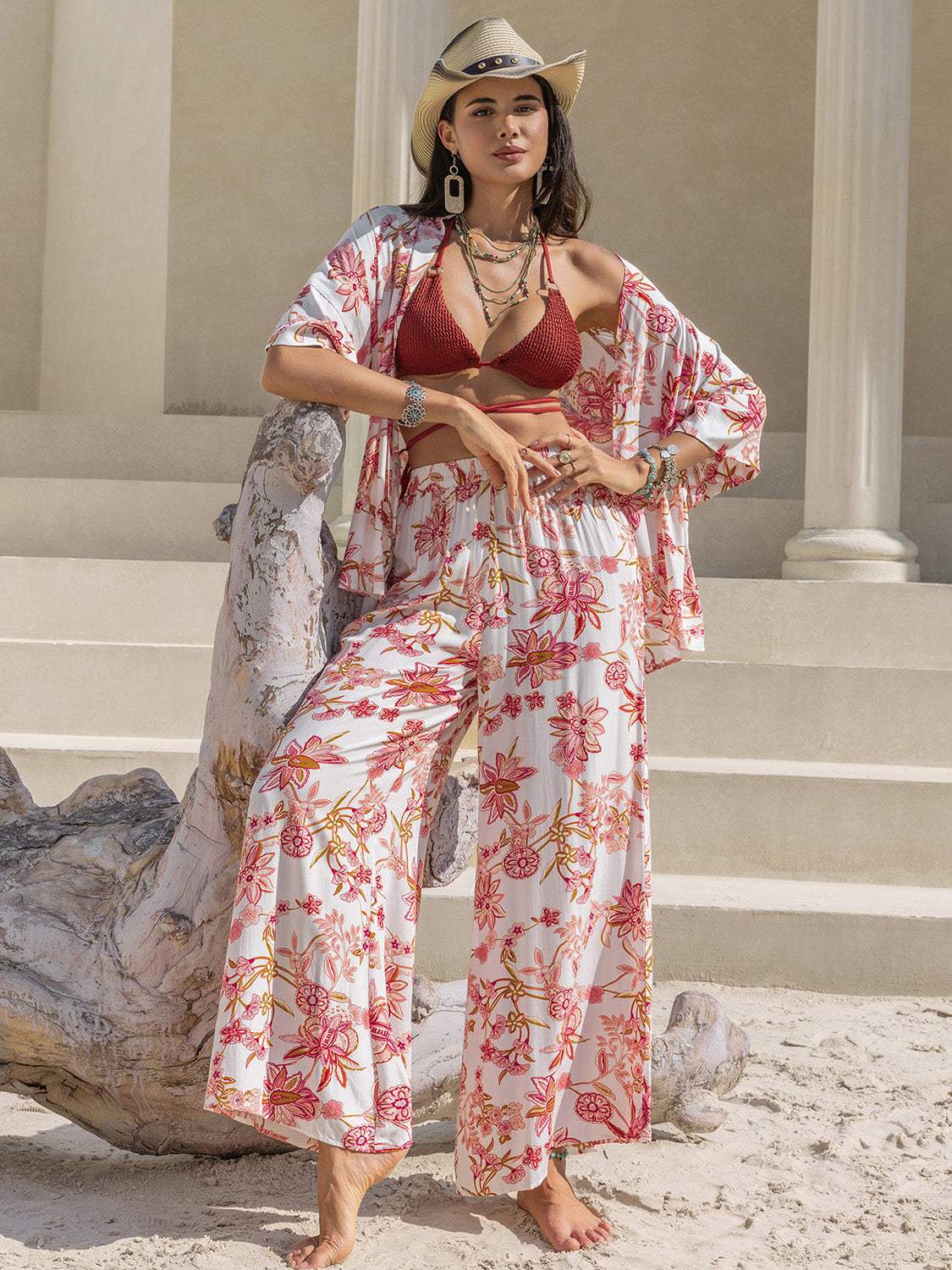 Printed Open Front Half Sleeve Top and Pants Set - Trendsi - Flyclothing LLC