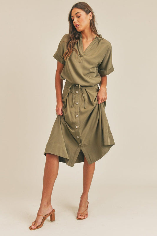 MABLE Short Sleeve Top and Button Down Midi Skirt Set - Trendsi