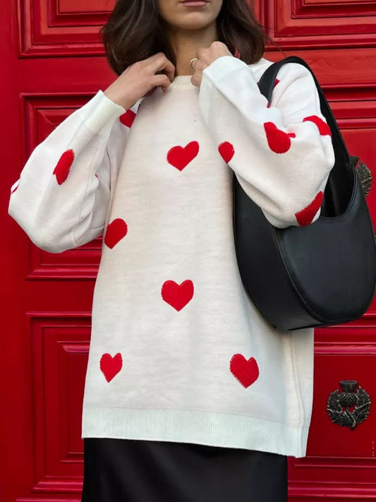 Heart Round Neck Dropped Shoulder Sweater - Trendsi