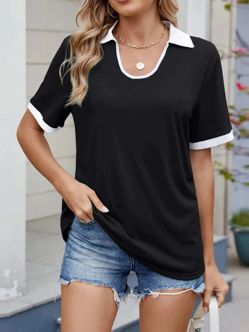Contrast Trim Collar Short Sleeve Casual T-Shirt - Trendsi - Flyclothing LLC