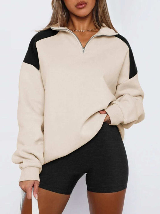 Contrast Quarter Zip Long Sleeve Sweatshirt - Trendsi - Flyclothing LLC