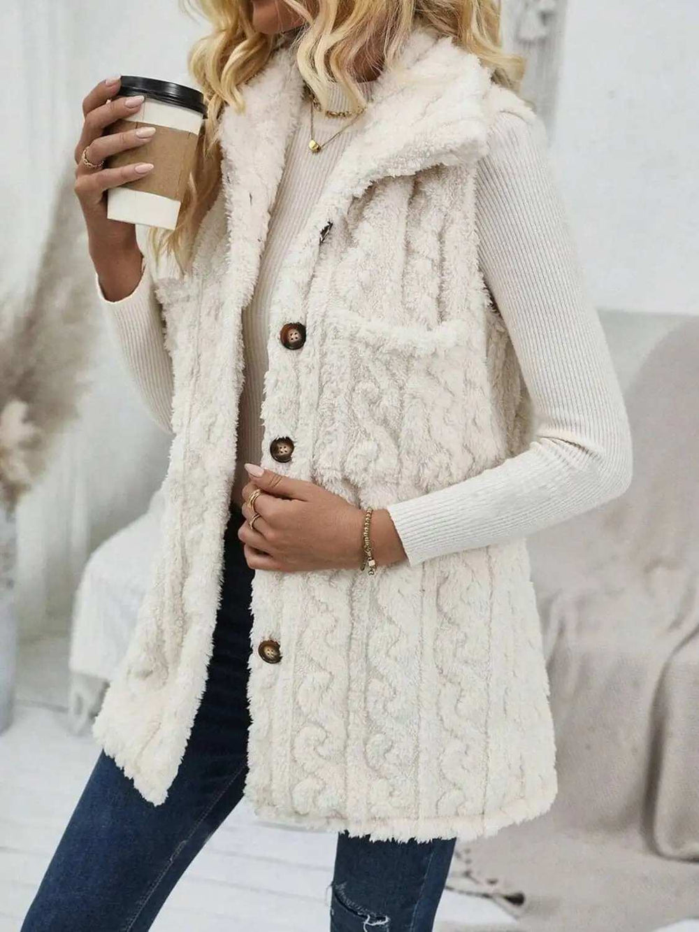 Fuzzy Button Up Vest Coat - Trendsi - Flyclothing LLC
