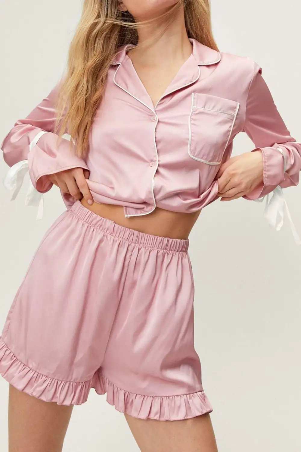 Basic Bae Tied Cuff Collared Neck Top and Frill Shorts Lounge Set - Trendsi - Flyclothing LLC