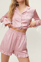 Basic Bae Tied Cuff Collared Neck Top and Frill Shorts Lounge Set - ShopBasicbae - Flyclothing LLC