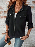 Zip Up Collared Neck Roll-Tab Sleeve Jacket - Trendsi - Flyclothing LLC