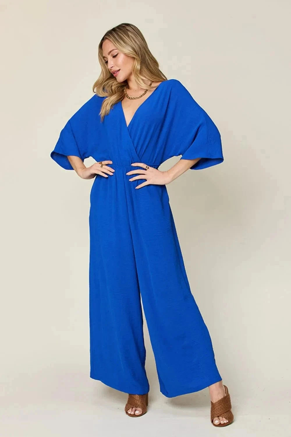 Double Take Full Size Surplice Wide Leg Jumpsuit with Pockets - Trendsi