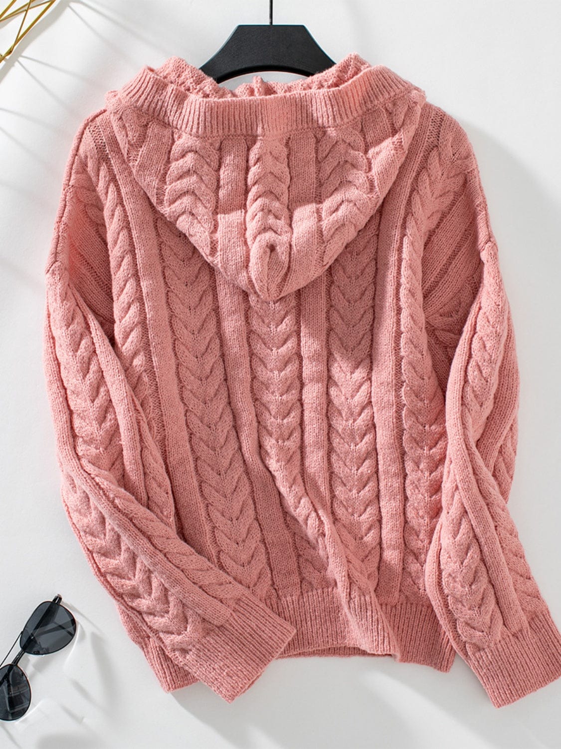 Cable-Knit Long Sleeve Hooded Sweater - Trendsi