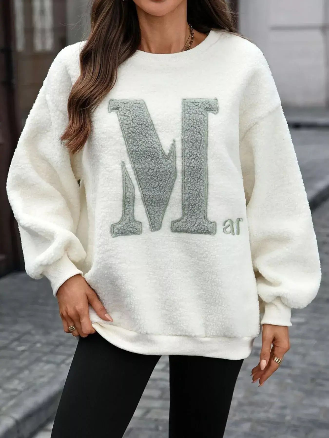 Letter Round Neck Fleece Sweatshirt - Trendsi - Flyclothing LLC