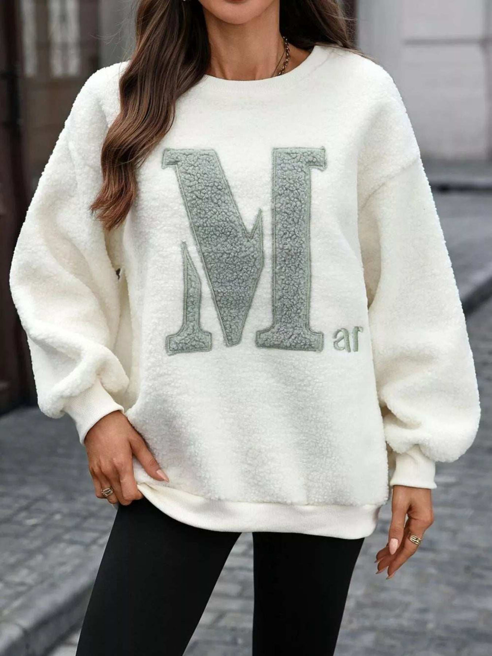 Letter Round Neck Fleece Sweatshirt - Trendsi - Flyclothing LLC