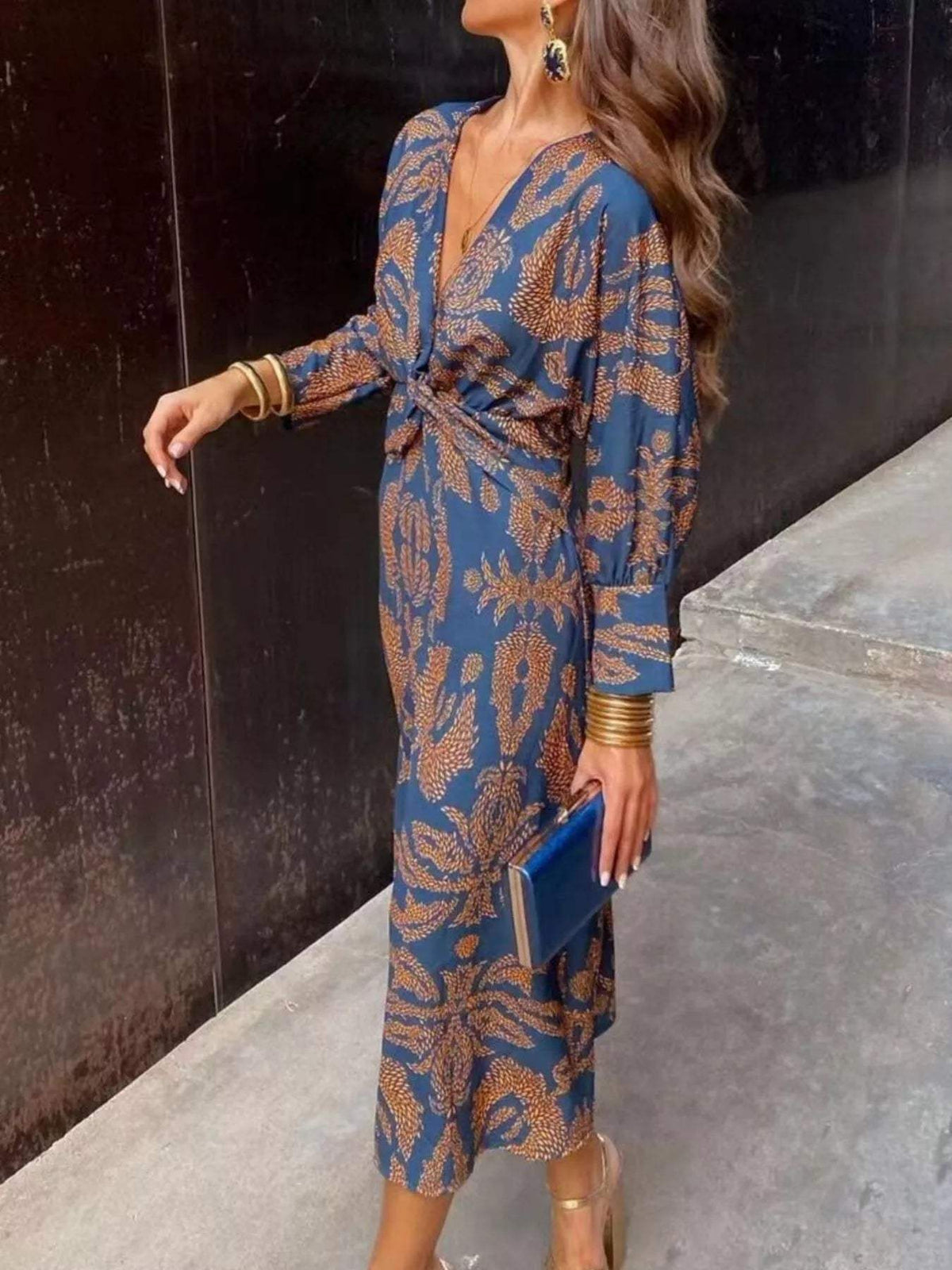 Full Size Printed V-Neck Long Sleeve Twisted Midi Dress Plus Size - Trendsi - Flyclothing LLC