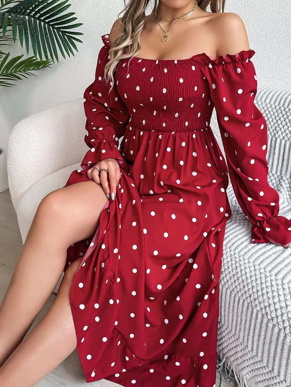 Polka Dot Flounce Sleeve Midi Dress - Trendsi - Flyclothing LLC