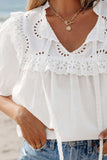 Lace Patchwork Tie Neck Short Sleeve Blouse - Trendsi - Flyclothing LLC