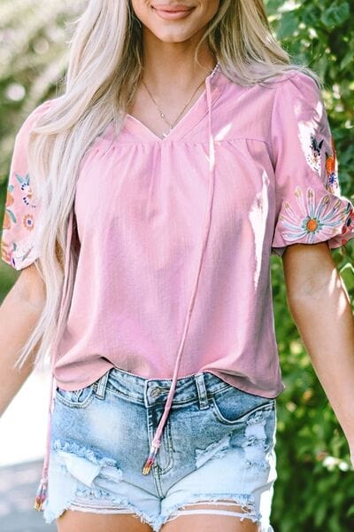 Floral Embroidered Puff Sleeve Blouse - Trendsi