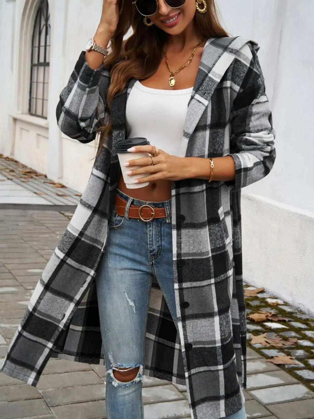 Plaid Long Sleeve Hooded Coat - Trendsi - Flyclothing LLC