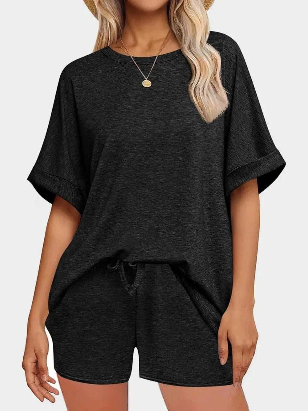 Round Neck T-Shirt and Drawstring Shorts Set - Trendsi - Flyclothing LLC