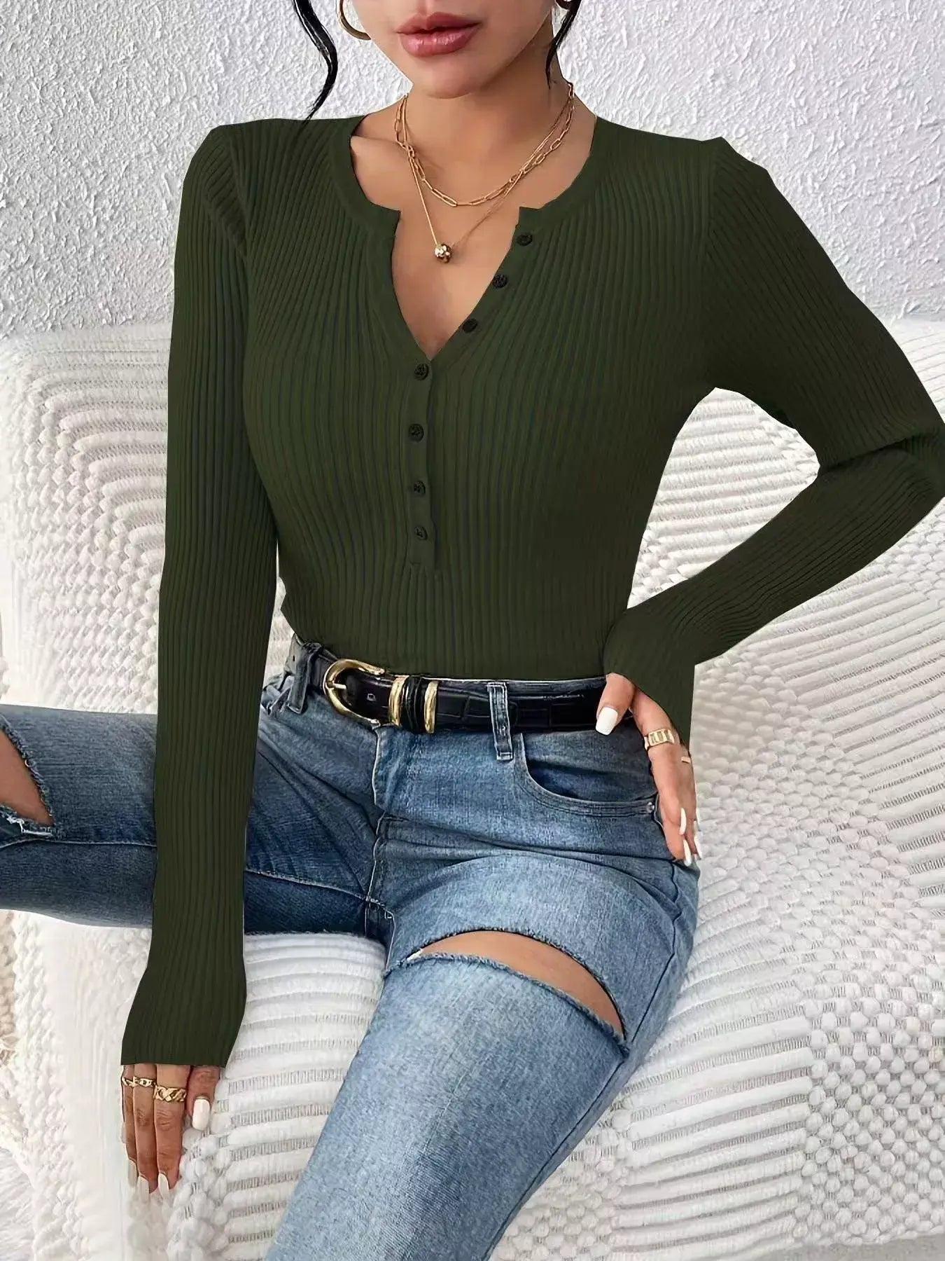 Ribbed Knit Button Front Knit Top - Trendsi - Flyclothing LLC