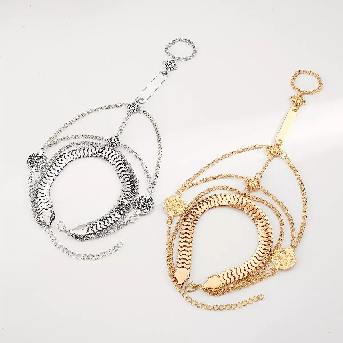 Multi Layered Chain Bracelet with Finger Ring - Trendsi - Flyclothing LLC
