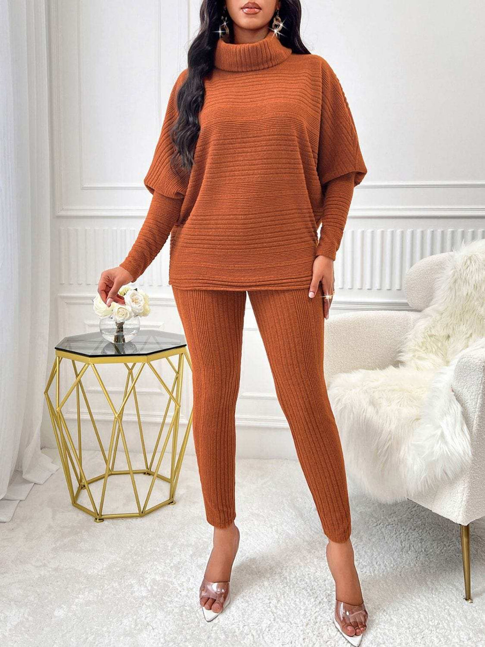 Turtleneck Batwing Sleeve Top and Pants Set - Trendsi - Flyclothing LLC