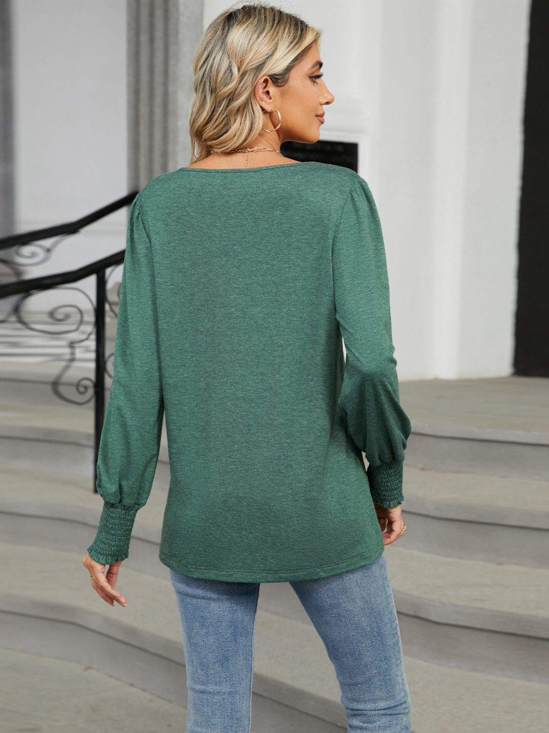 V-Neck Lantern Sleeve T-Shirt - Trendsi - Flyclothing LLC