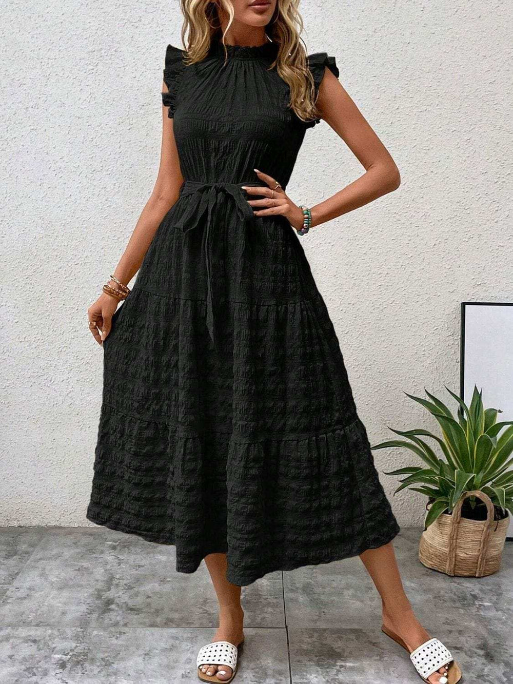 Tied Ruffled Cap Sleeve Midi Dress - Trendsi - Flyclothing LLC