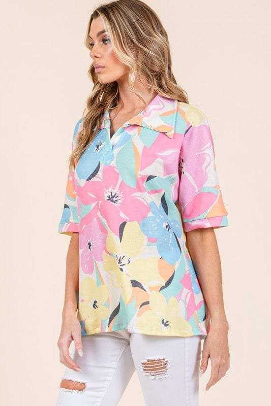 BOMBOM Floral Collared Neck Half Sleeve Top - Trendsi - Flyclothing LLC