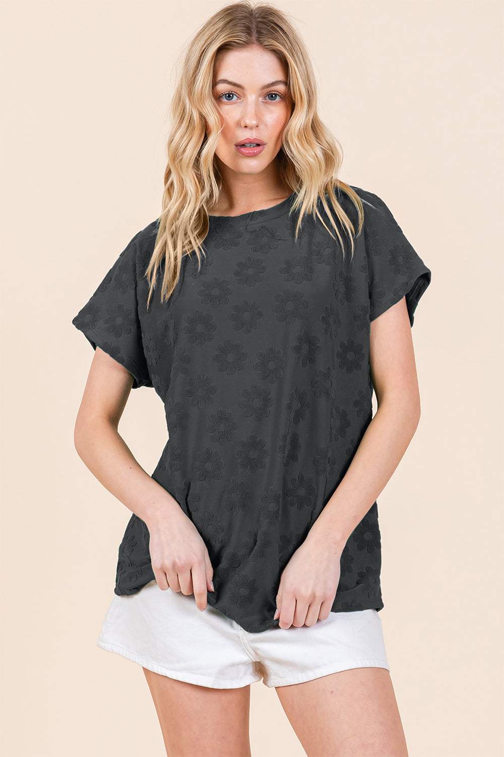 BOMBOM Textured Floral Pattern Short Sleeve T-Shirt - Trendsi - Flyclothing LLC