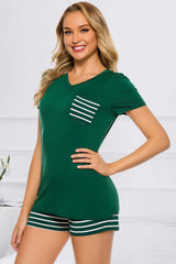Striped Short Sleeve Top and Shorts Lounge Set - Trendsi - Flyclothing LLC