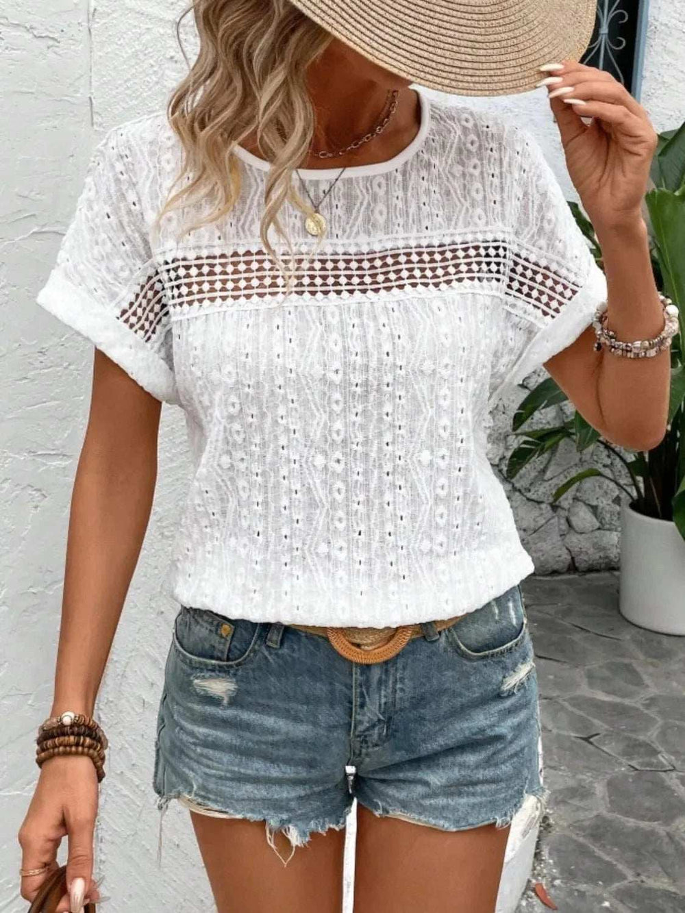 Eyelet Round Neck Short Sleeve Top - Trendsi - Flyclothing LLC