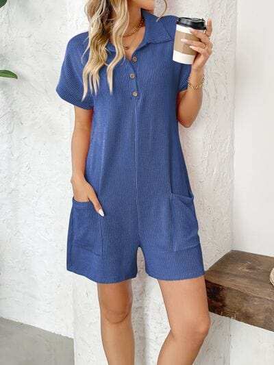 Button Detail Collared Neck Short Sleeve Romper - Trendsi - Flyclothing LLC