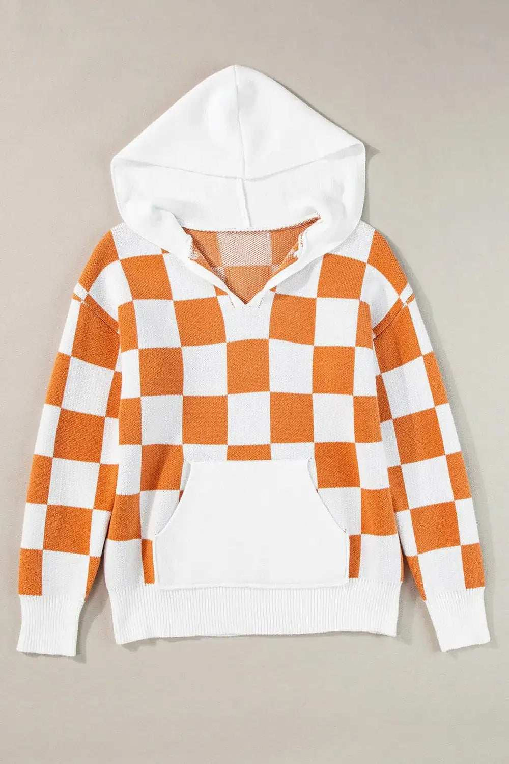 Checkered Long Sleeve Hooded Sweater - Trendsi - Flyclothing LLC