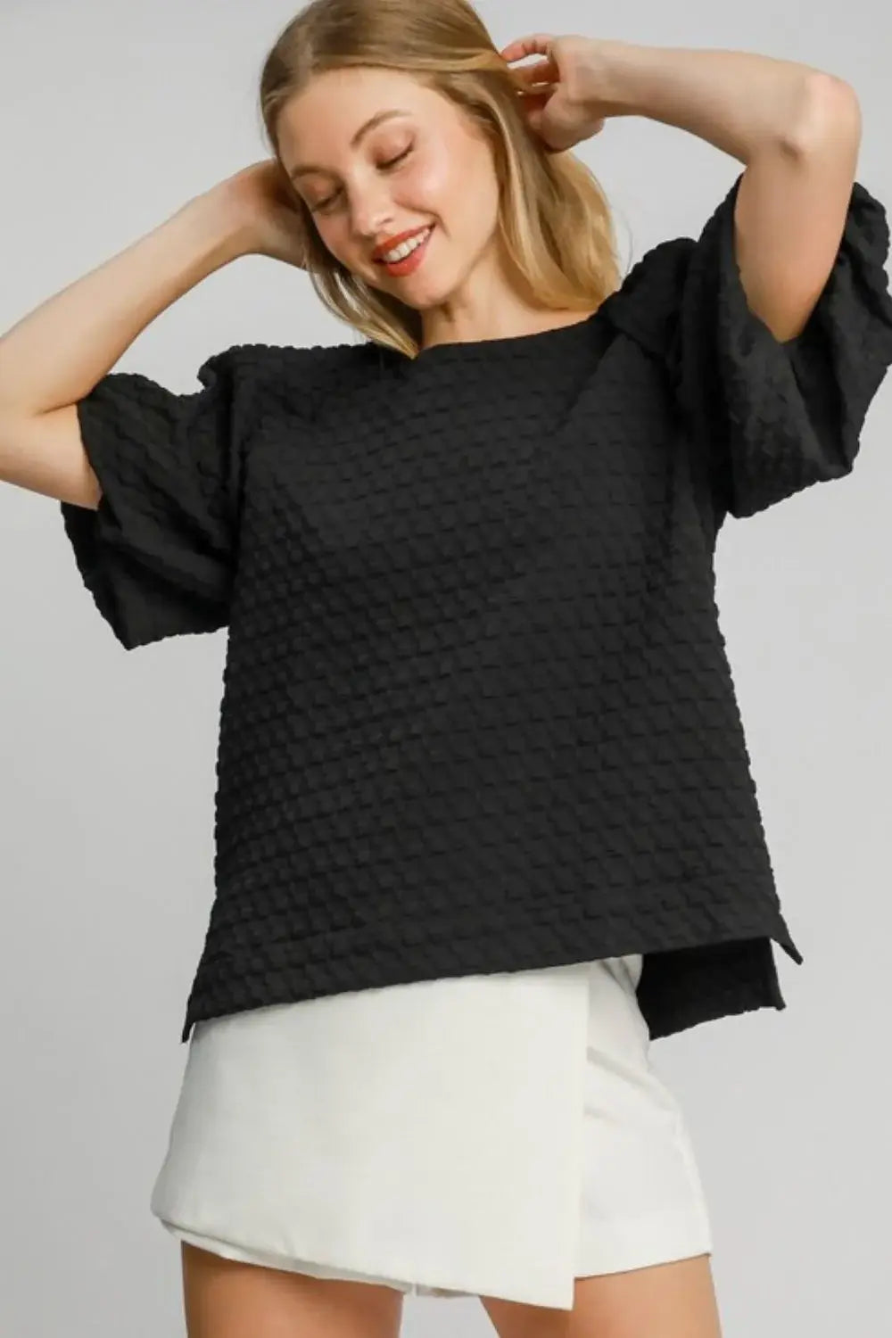 Umgee Full Size Boxy Cut Jacquard Round Neck Top with Side Slit Plus Size - Trendsi - Flyclothing LLC