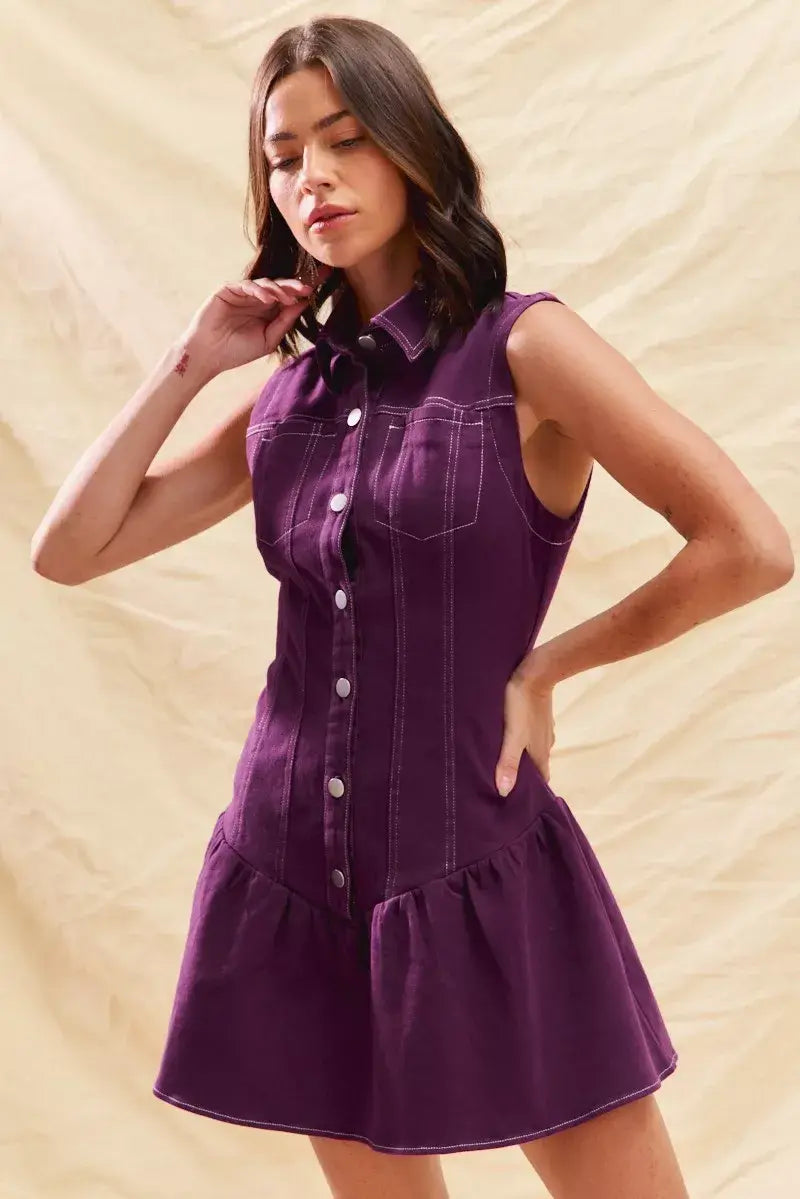 SO ME Button Down Sleeveless Collared Game Day Mini Dress - Trendsi - Flyclothing LLC